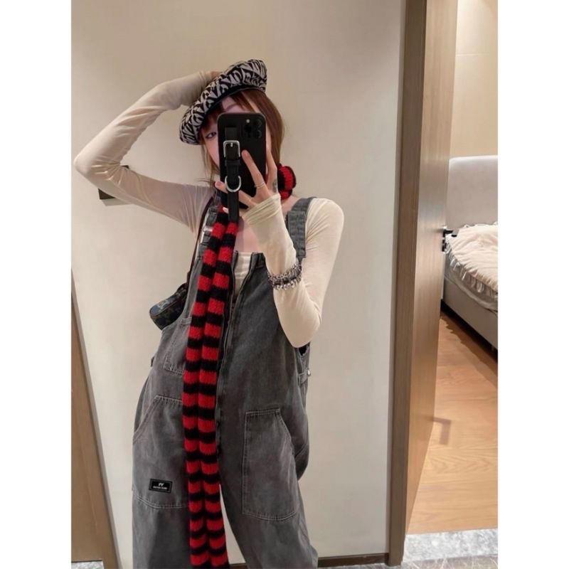 Yabi Style Culture Punk Y2g Black And Red Striped Scarf Extra Long Thermal Knitting Wool