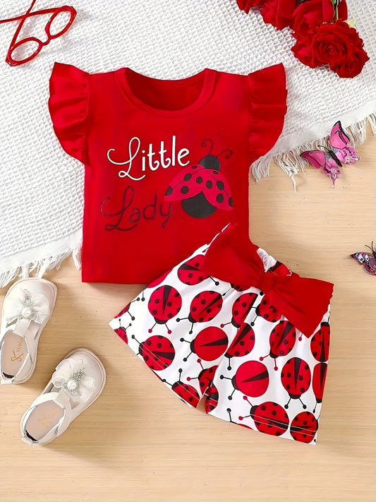 👑 Baby's "Little Lady" Print 2-Piece Summer Outfit – Cap Sleeve Top & Bowknot Décor Shorts Set 🌸