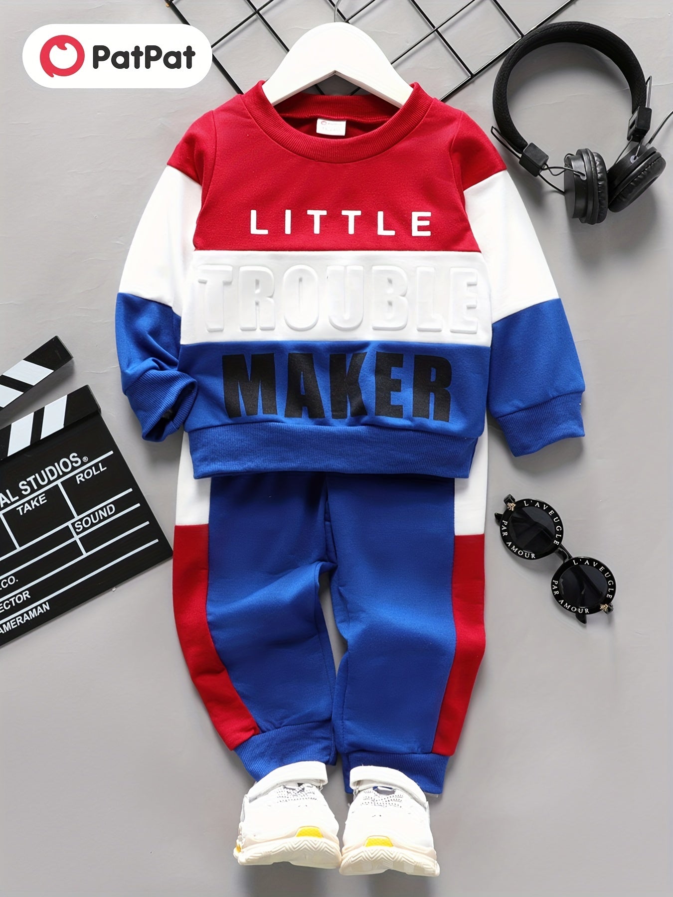 Pat Pat 2pcs Toddler Boy Trendy Letter Print Color block Set - Round Neck Long-Sleeve Sweatshirt & Sport Pants