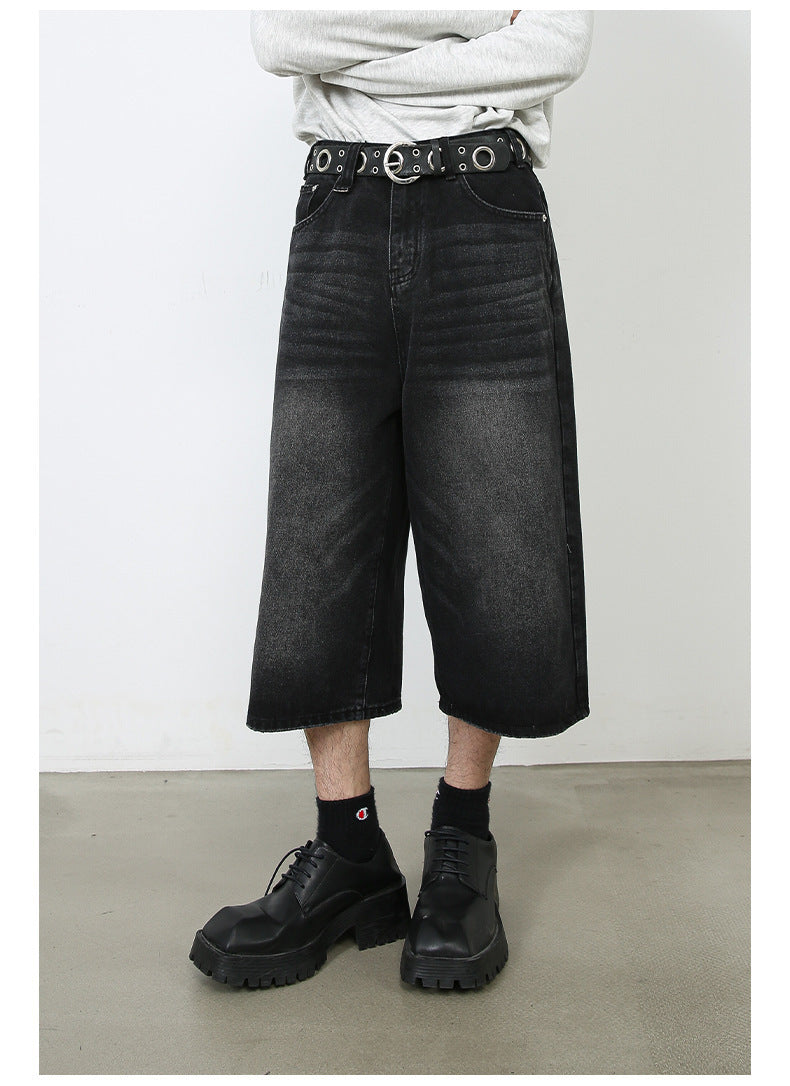 American Black Gray Loose Trousers Loose Denim Cropped Pants