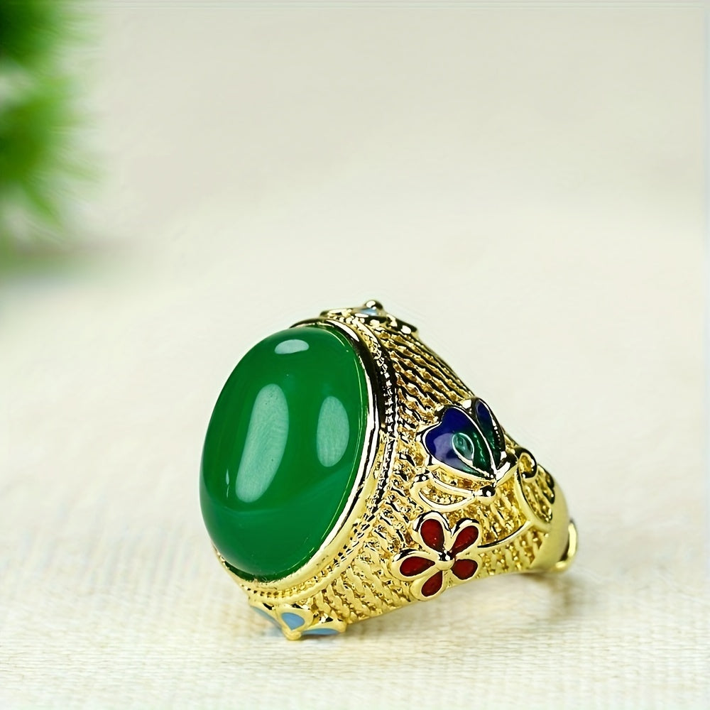 Cloisonné Green Agate Retro Palace Style Ring 💚👑