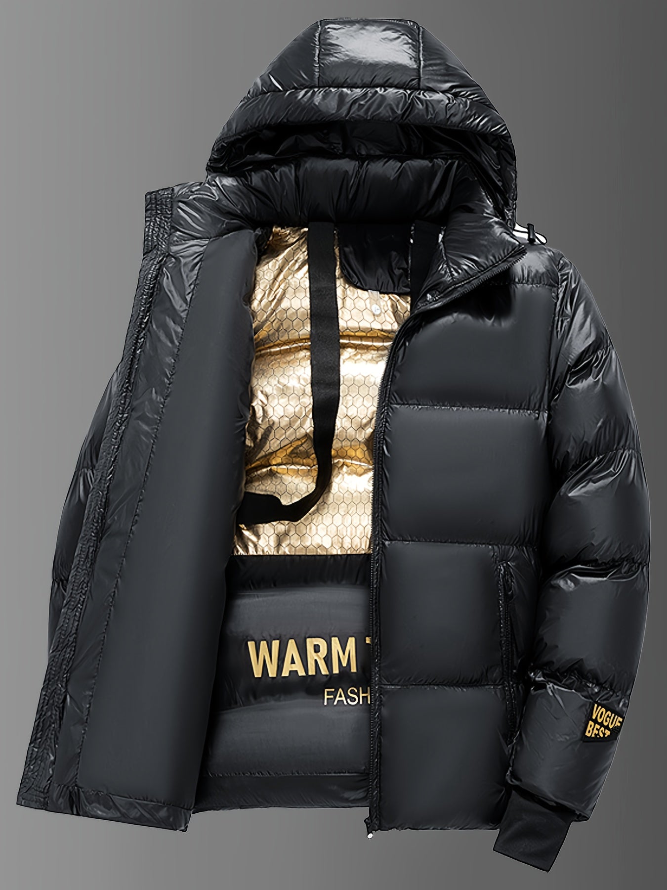 ❄️ Men's Solid Color Hooded Faux Down Jacket - Comfy Trendy Thickened Puffer Coat for Winter 🎁