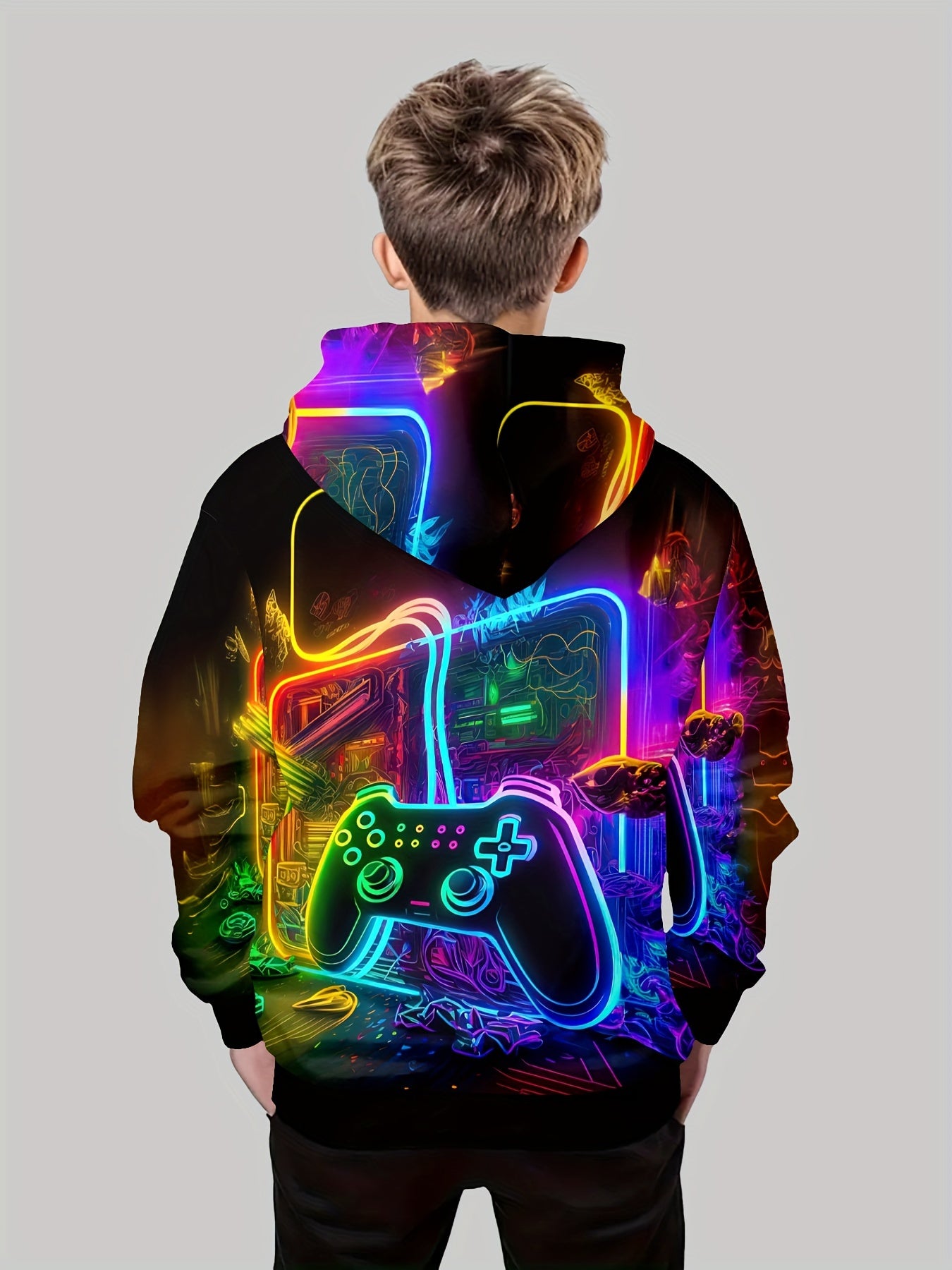 🎮 Boys' Vibrant Game Console Graphic Print Hooded Sweatshirt 🌟