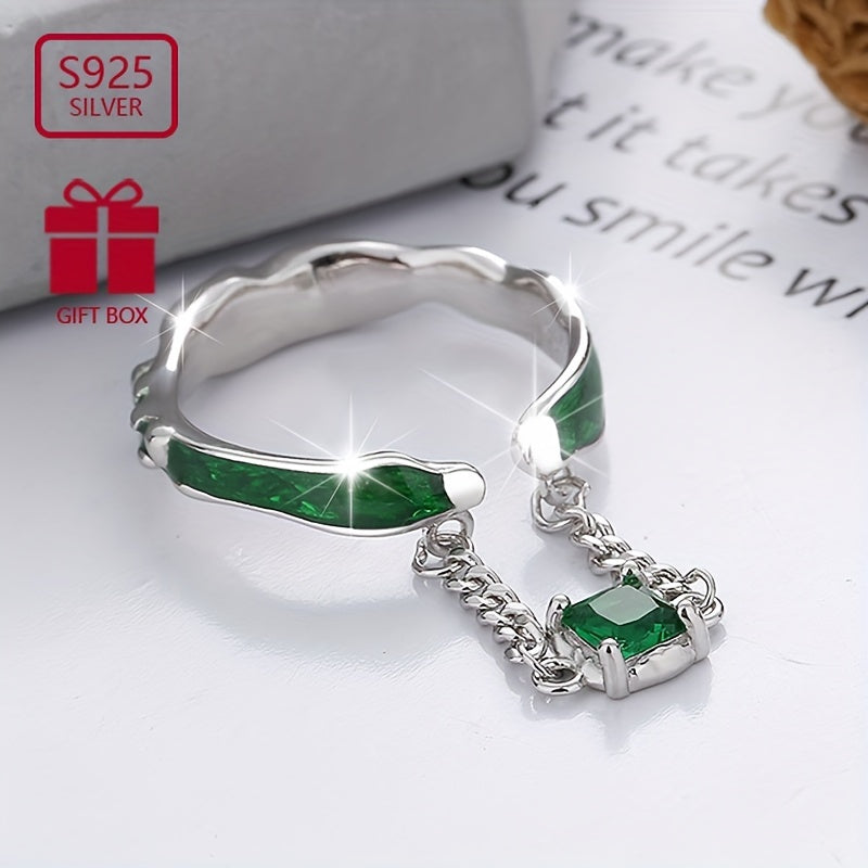 💚 Enchanted Green Zirconia Pendant Ring – S925 Sterling Silver Retro Luxury ✨