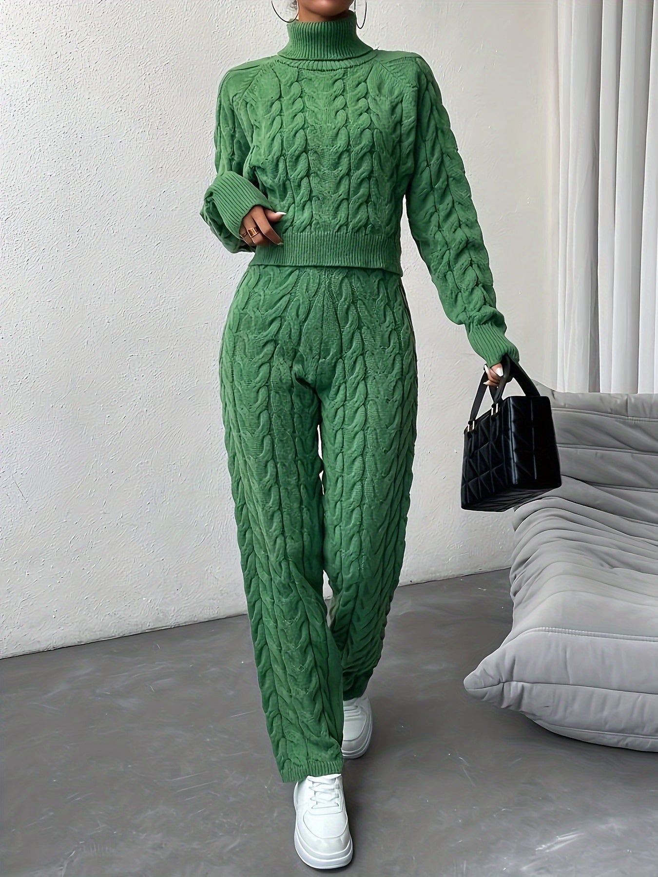 🧶 Elegance™ Solid Knitted Two-Piece Set - Turtle Neck Sweater & Pants