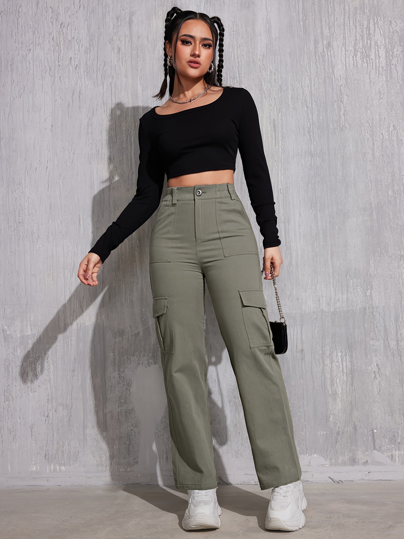 Solid Straight Leg Cargo Pants