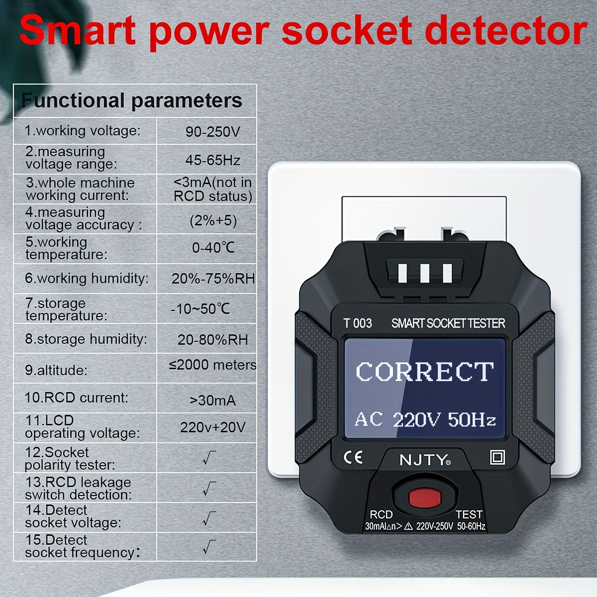 T003 British Standard  Socket Tester: Multi-Functional Appliance Socket Detector With Zero Fire & Ground Wire Detection