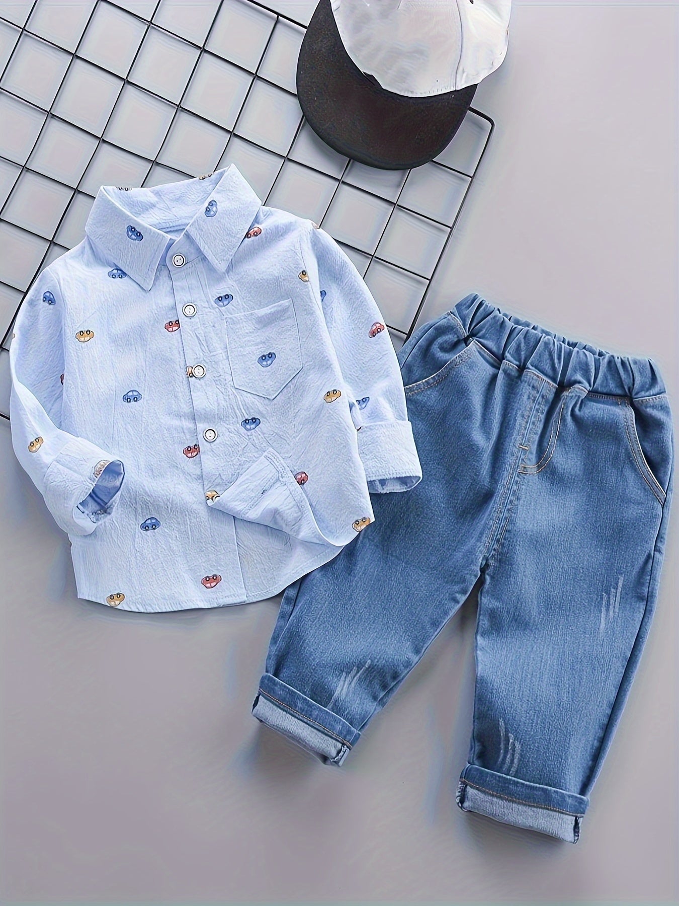 🚗 Baby Boy's 2Pcs Cartoon Cars Button Down Shirt & Elastic Pants Set