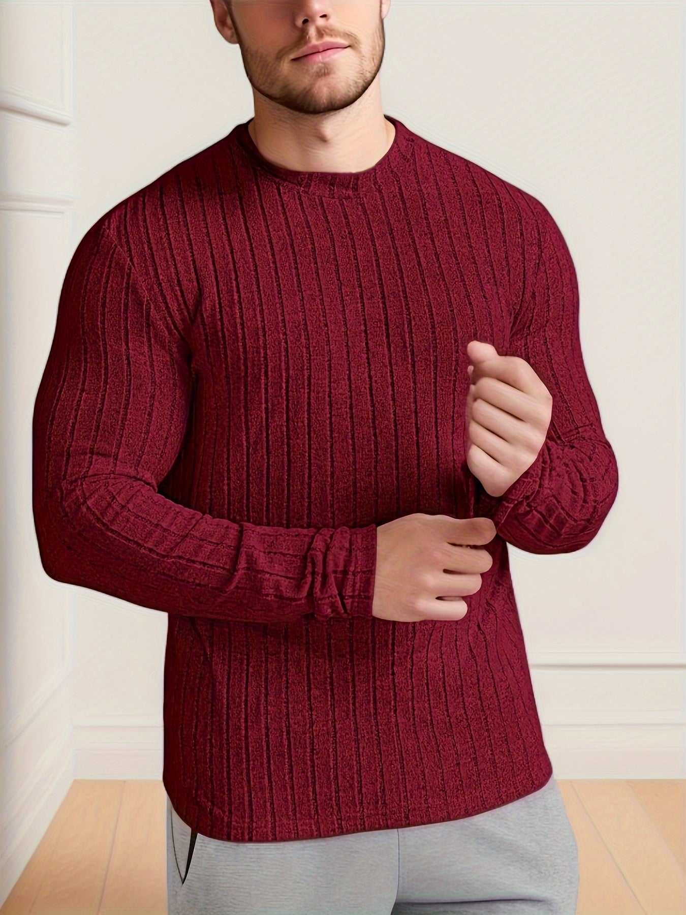 👕 Men's Solid Ribbed Crew Neck Long Sleeve Active T-Shirt 🌿