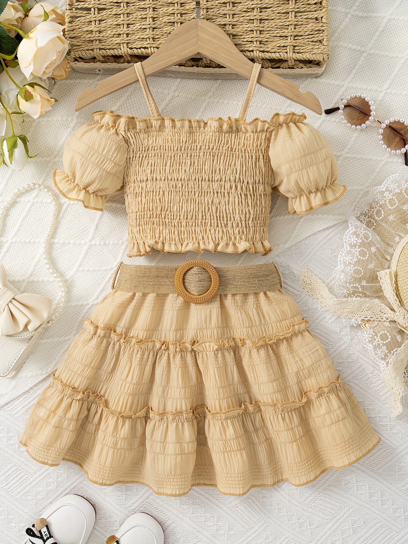 🌞 Girls' Elegant Cute Cami Off-Shoulder Ruffled Top & Skirt Set 👗