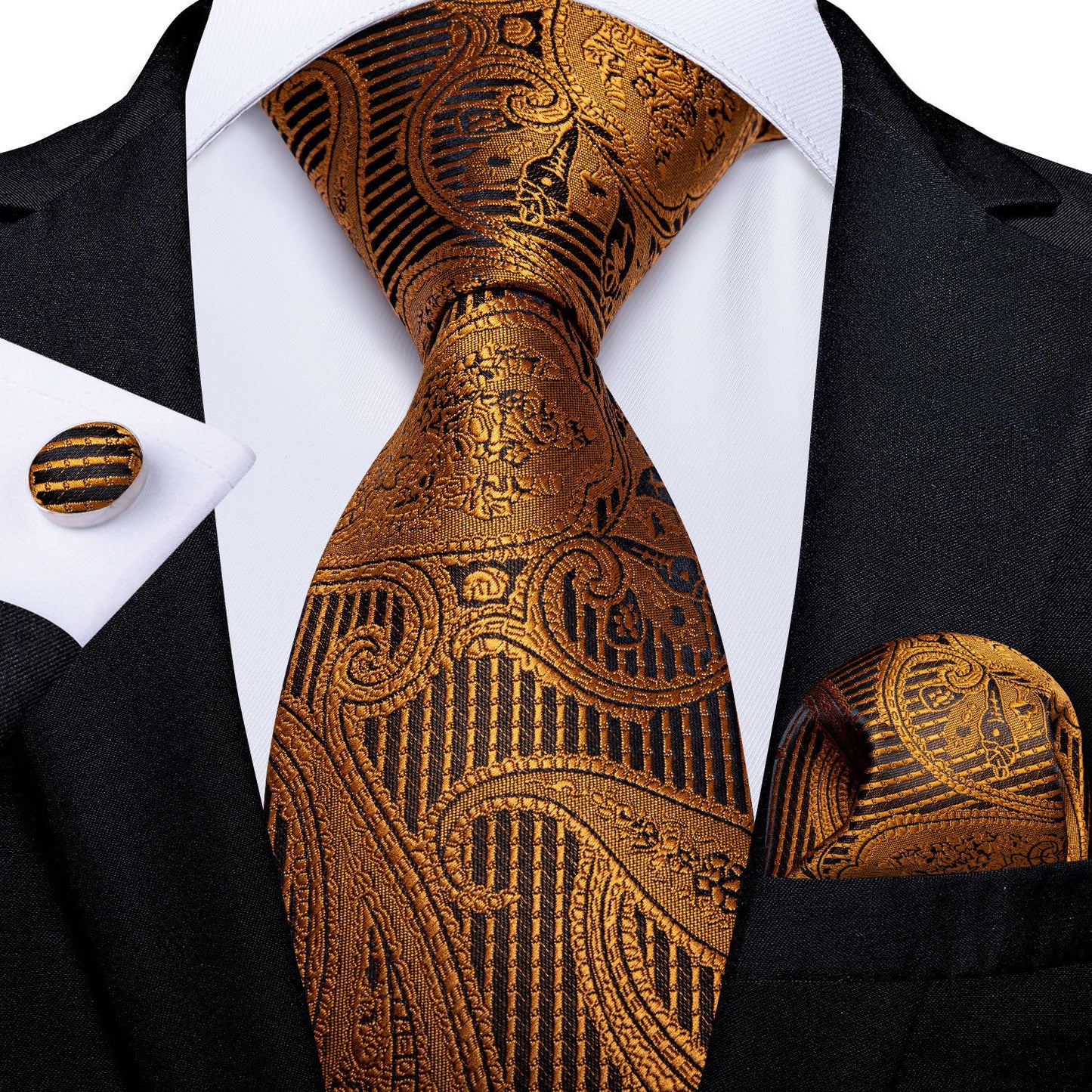 Men's Tie Luxury Black And Gold Striped Silk Woven