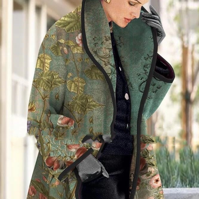 Women's Large Lapel Digital Printing Woolen Coat