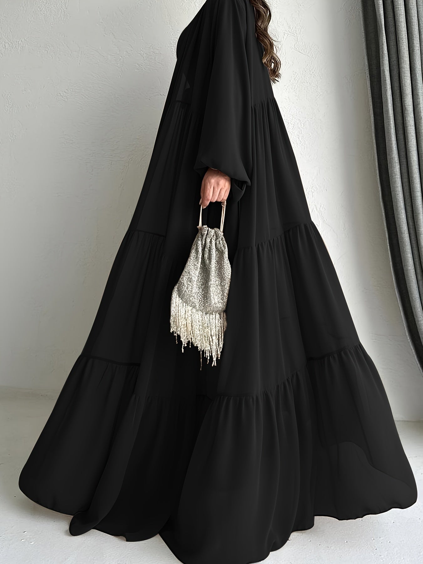 Crew Neck Long Sleeve Abayas Dress - Elegant Ruffle Hem Maxi with Long Sleeve Cardigan