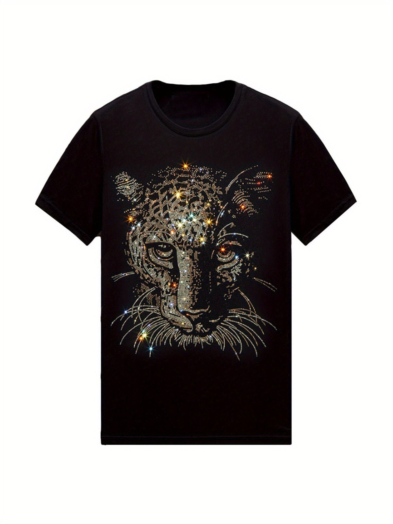 ✨ Rhinestone Leopard T-Shirt 🐆 - Casual Crew Neck Graphic Tee for Men