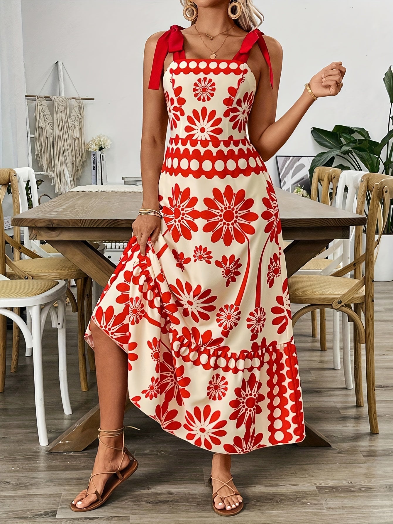 🌼 Ethnic Print Tie Shoulder A-Line Maxi Dress