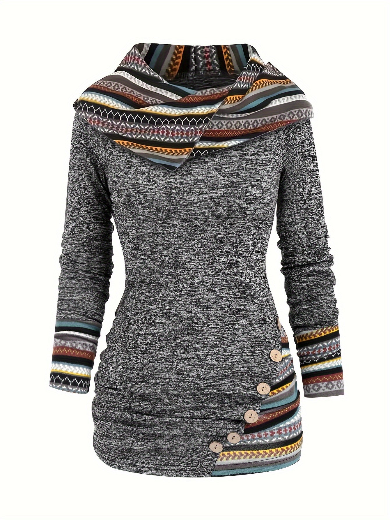 Stripe Splicing Button Décor Hoodie