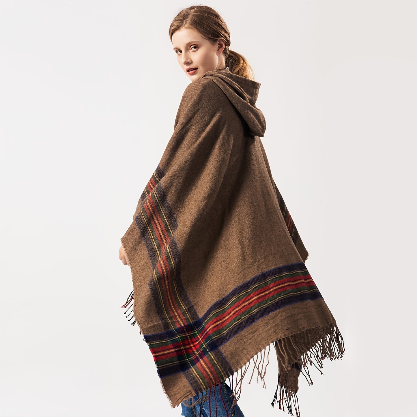 Oversized Scottish Striped Hooded Shawl Cloak 🧣🍂