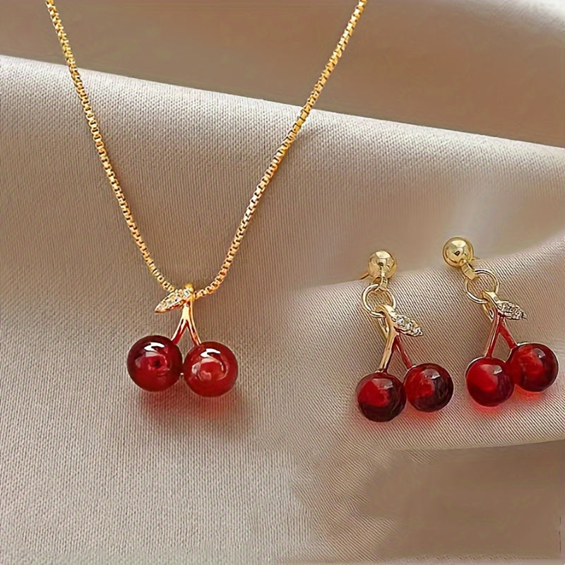 Chic Cherry Pendant Jewelry Set – 3-Piece Valentine’s Day Delight 🍒💖