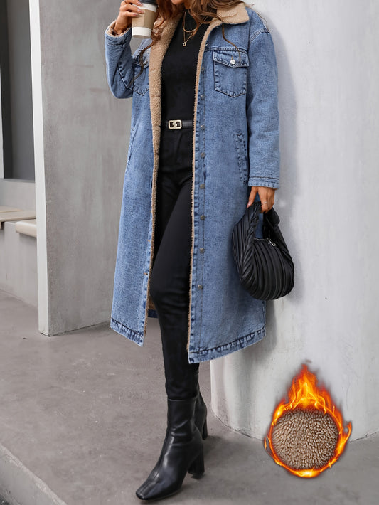 Elegant Plush-Lined Washed Blue Denim Coat