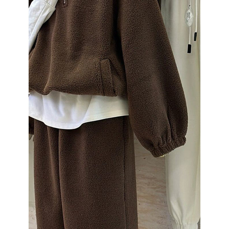 Casual Sports Style Brown Color Thick Lamb Wool Sweatshirt Pants Suit