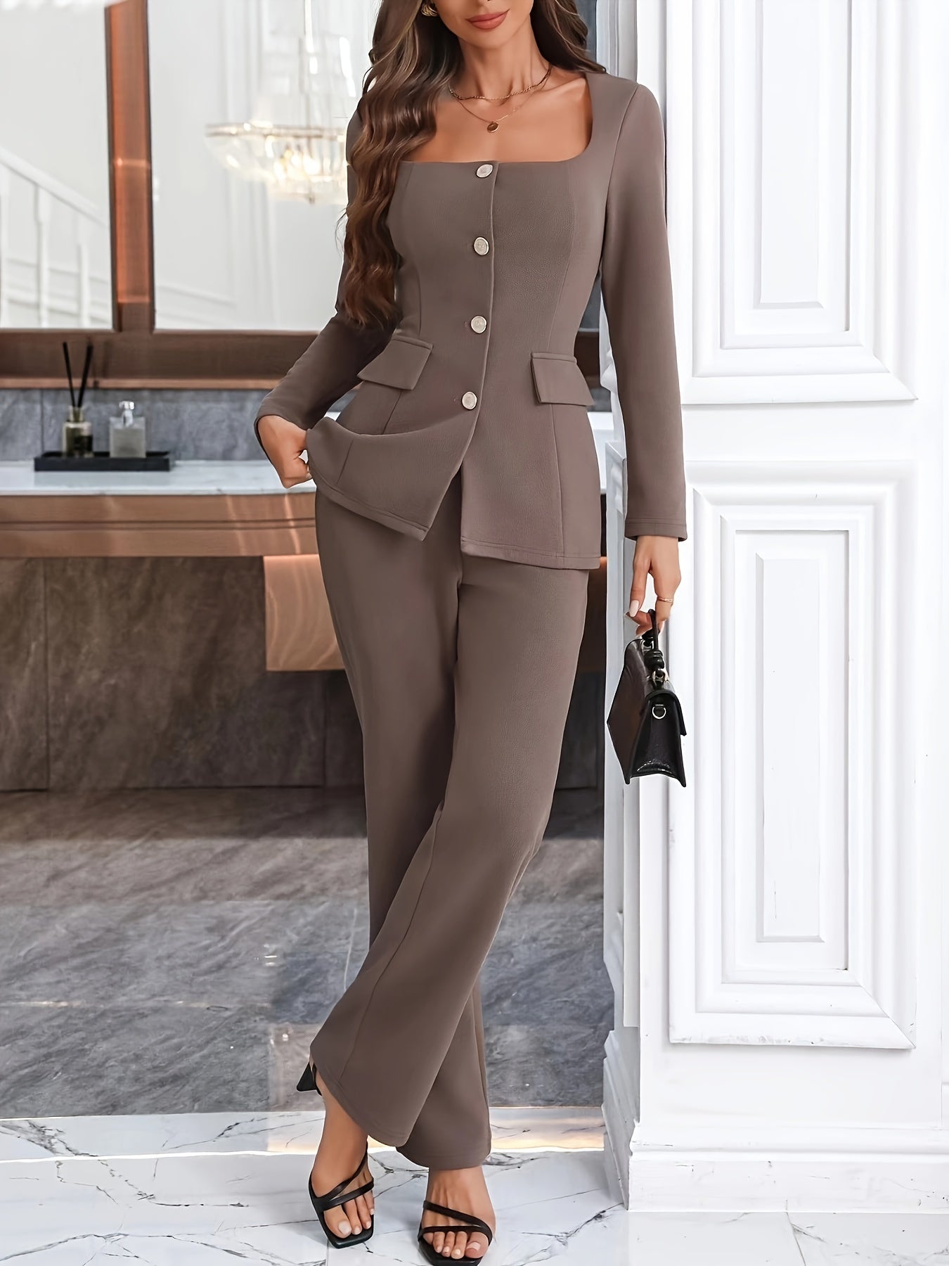 💼 Elegance Squared™ Buttoned Square-Neck Pants Suit - Long Sleeve Split Top & Trousers