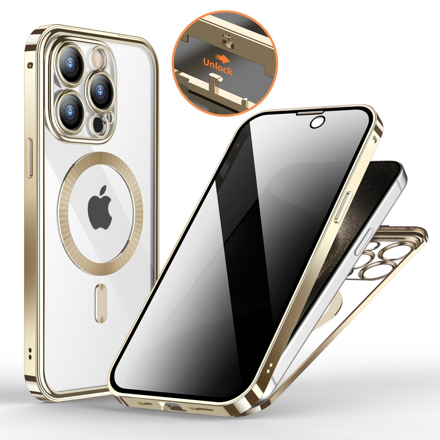 Secure Shield Magnetic Metal Buckle Phone Case: Double-Sided Lens Protection with Wireless Charging Support